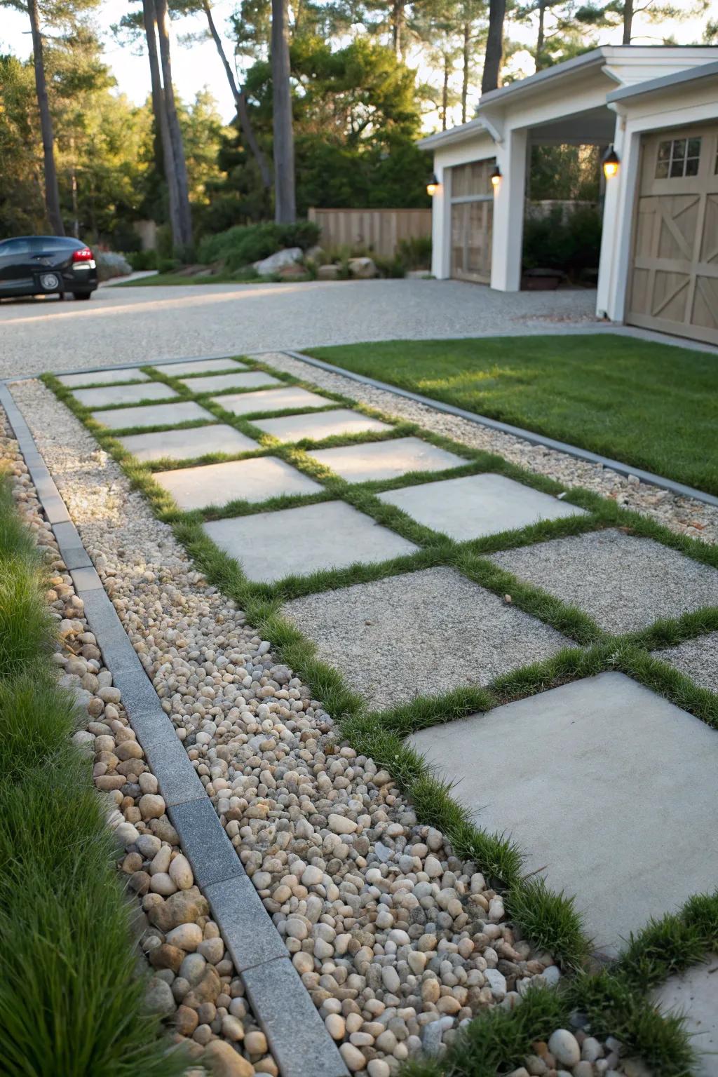 A stylish combination of turf and pebbles for a low-maintenance driveway.