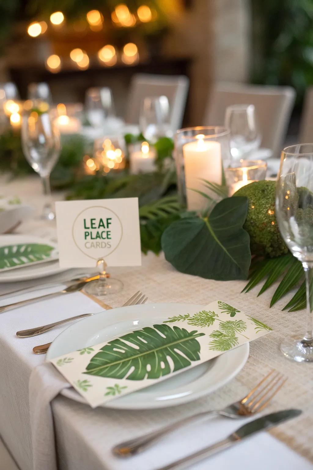 Verdant leaves utilized as personalized location cards.