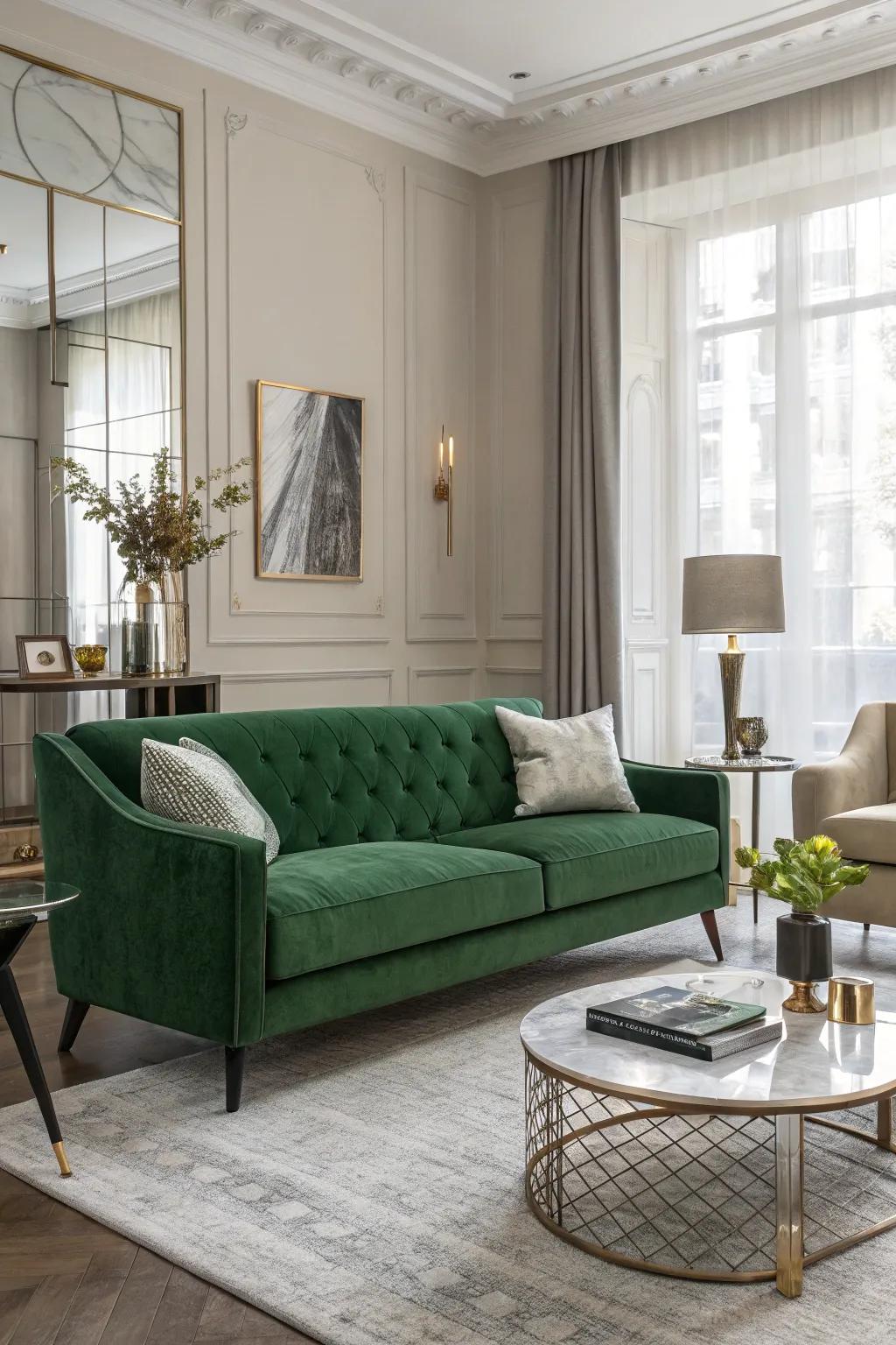 A chic family room with a verdant plush settee and modern design.