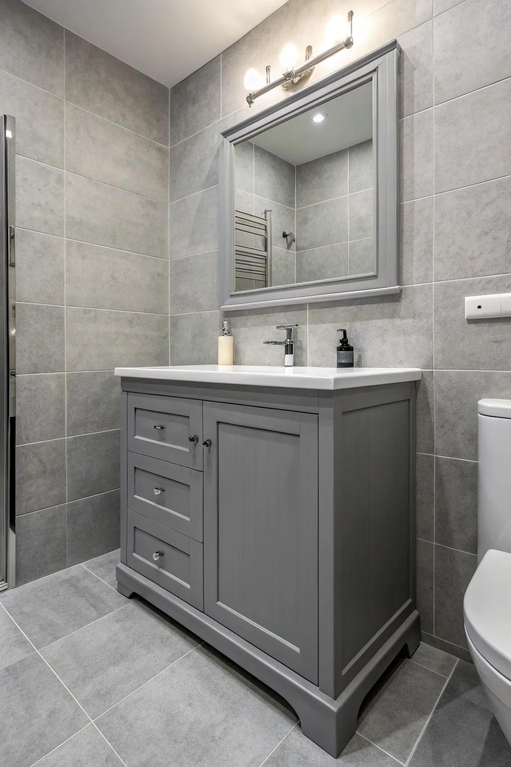 A grey vanity injects style and functionality into the bathroom.