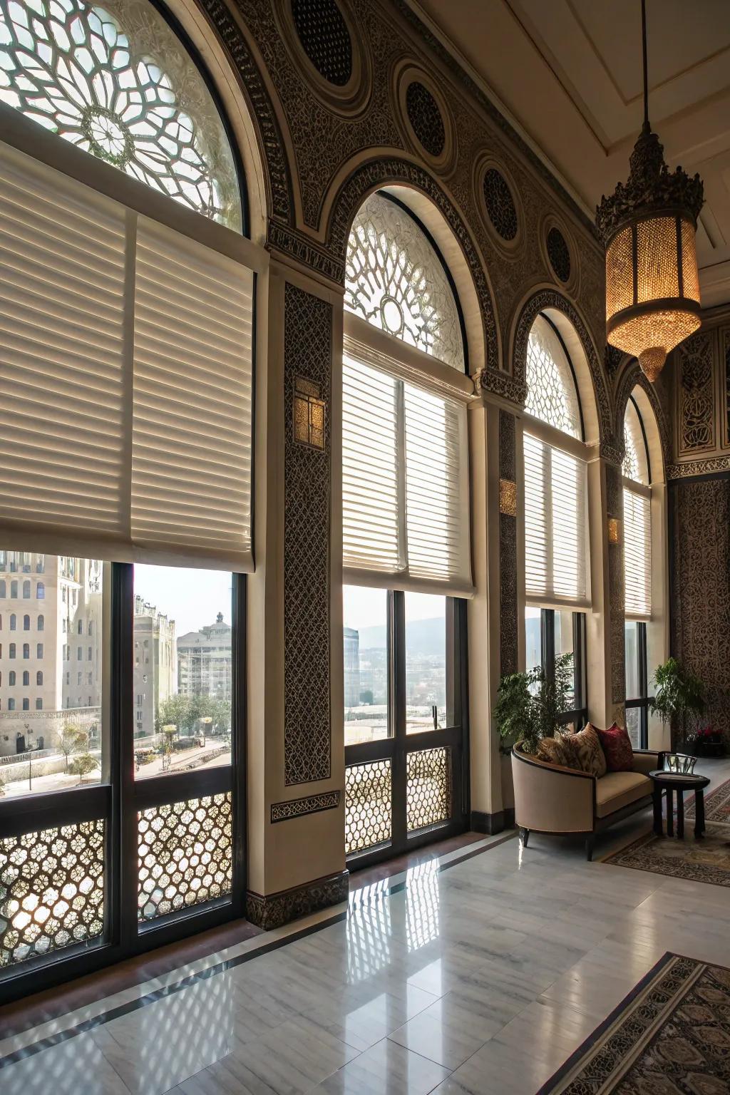 Chic space featuring arched windows and partial coverings.