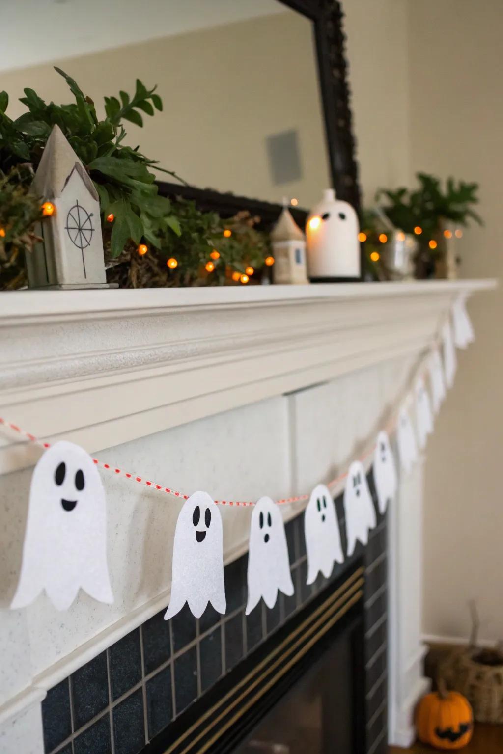A garland of specters contributes whimsical spookiness to the décor