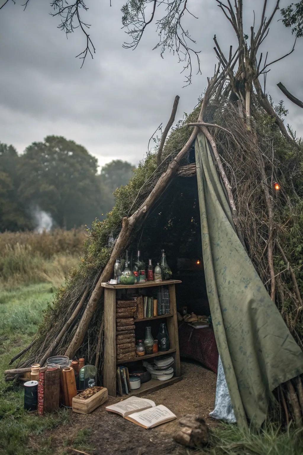 A witch's shack filled with magical artifacts and mystery.