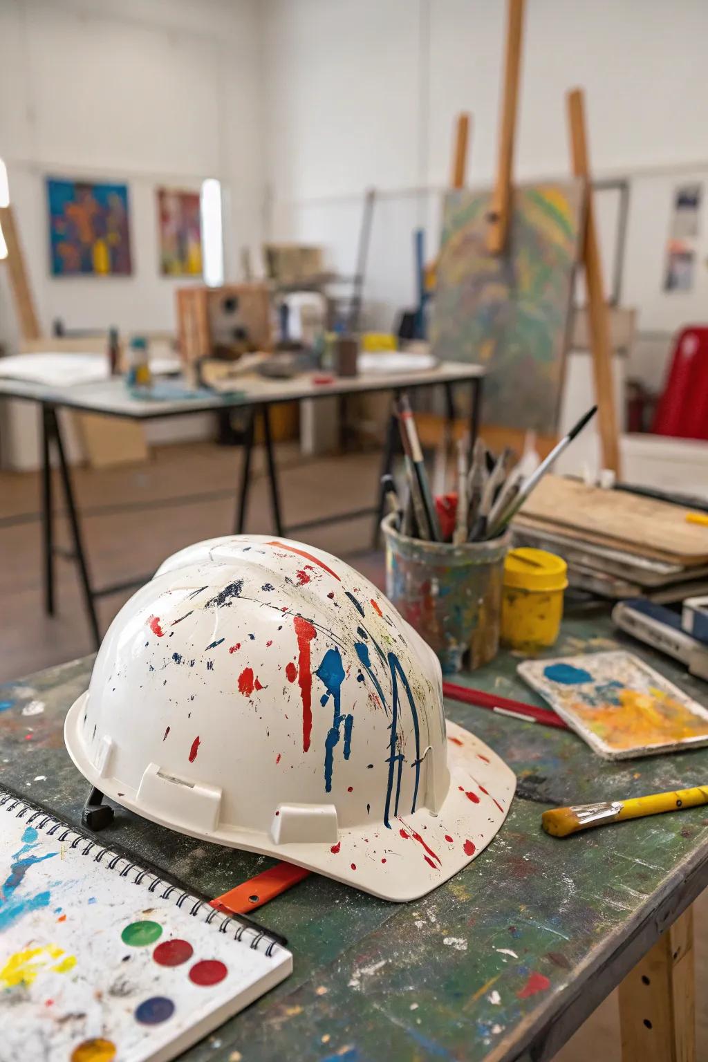 A safety helmet bursting with non-representational creativity.