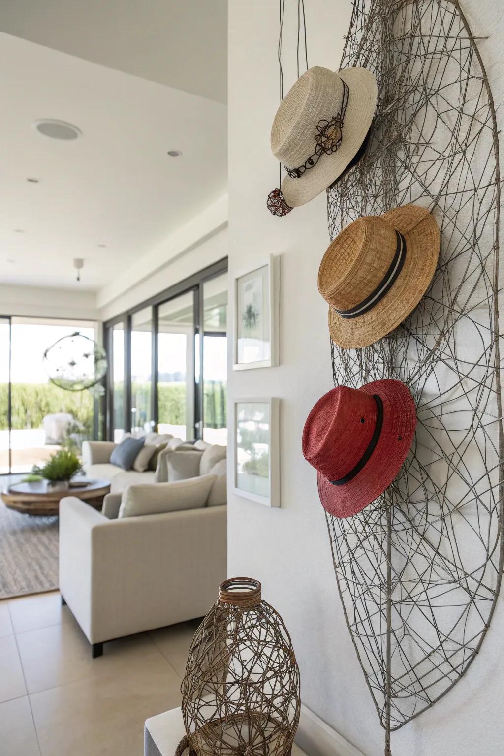 Wire sculptures add an artistic flair to your hat exhibit.
