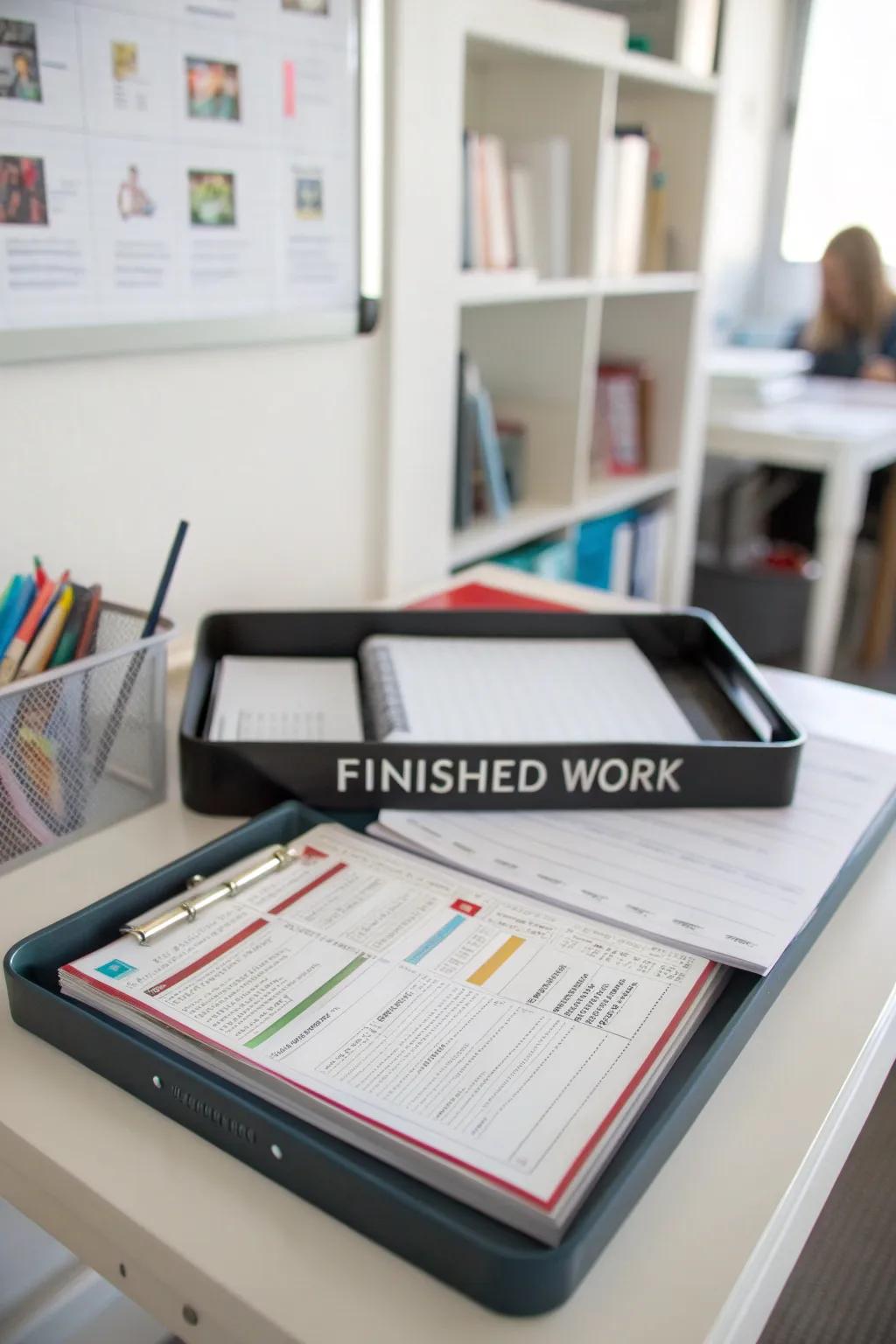 A 'Finished Work' tray keeps tasks organized.