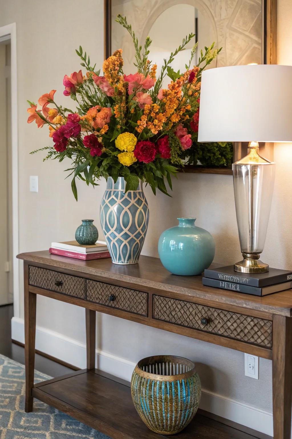 A burst of color enlivens the console table design.