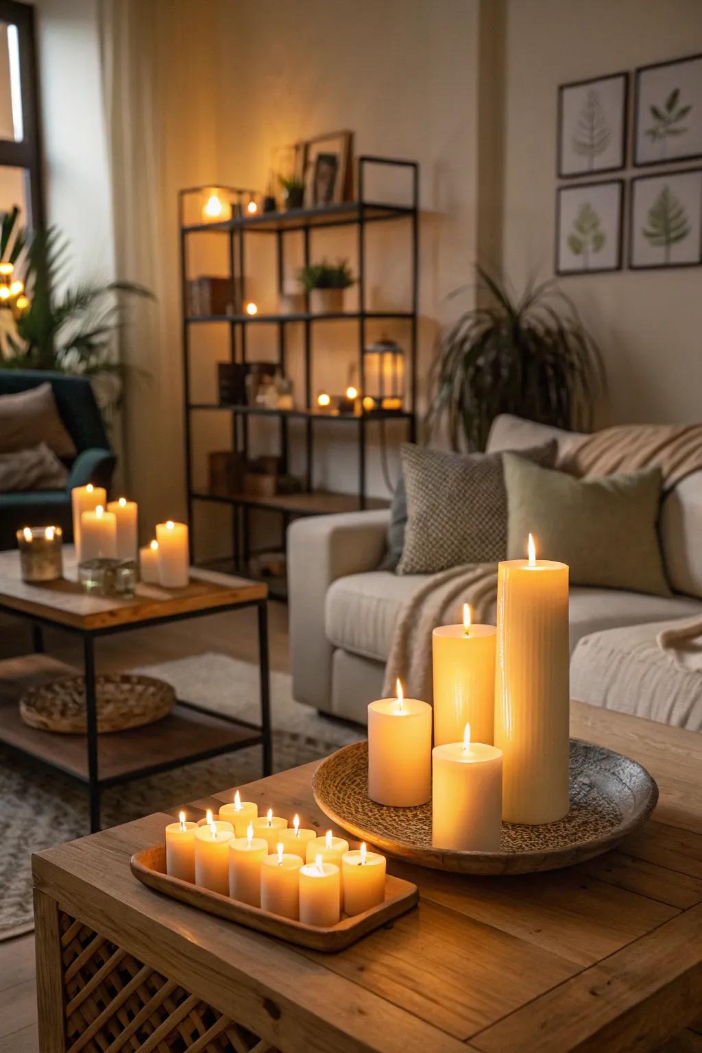 Candle light adds warmth and coziness to the family room.