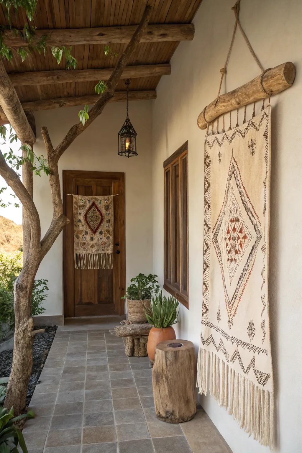 Hanging a tapestry off a tree branch is a surefire way to incorporate an element of nature.
