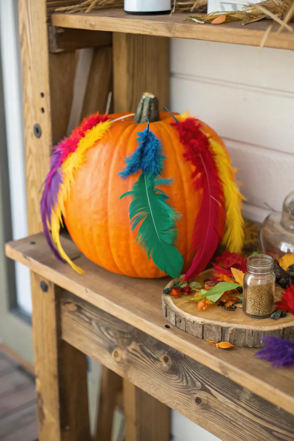 A plume-decorated gourd adding a whimsical touch to the decor.