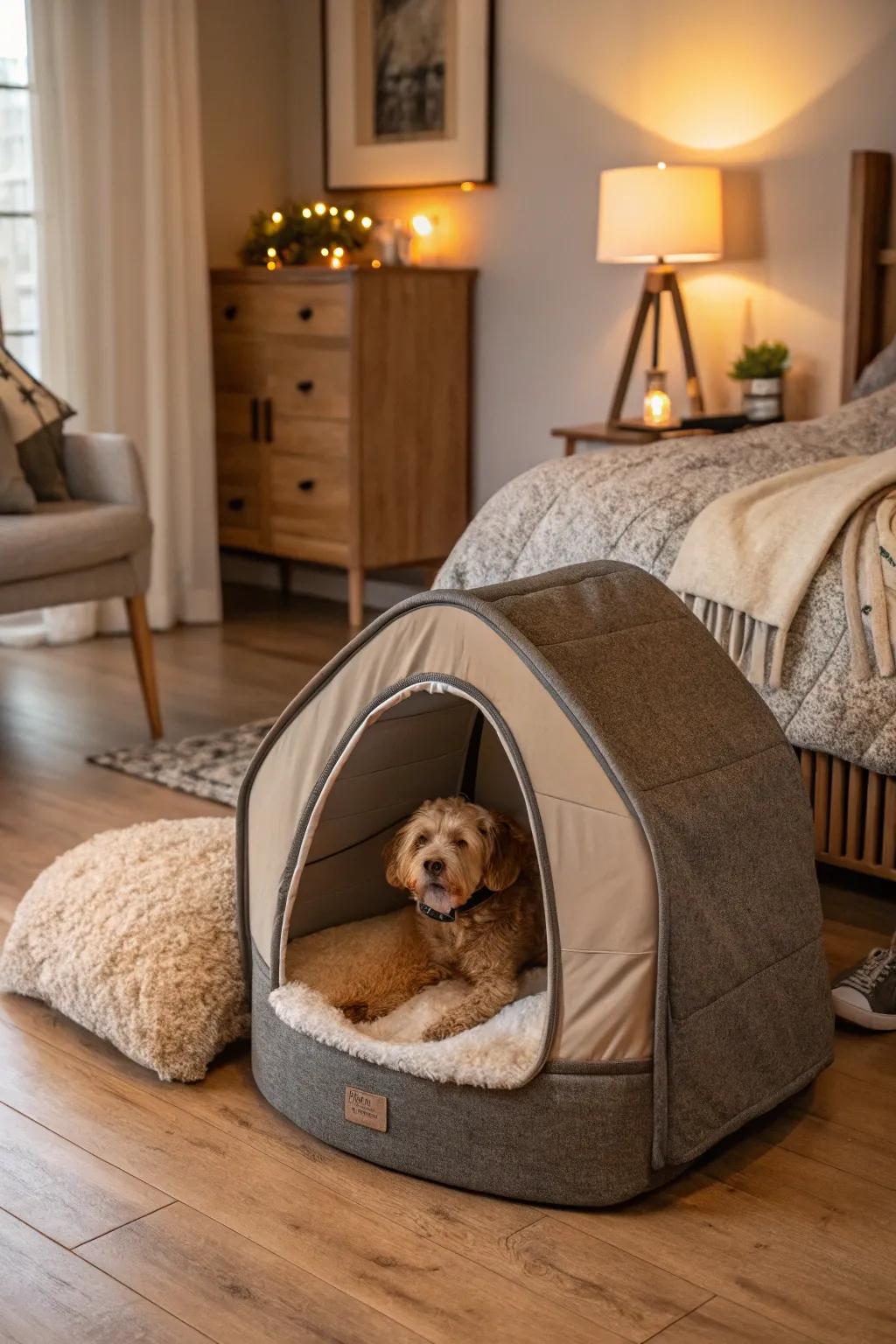 Comfort and style: a pet bed that easily converts into a kennel.
