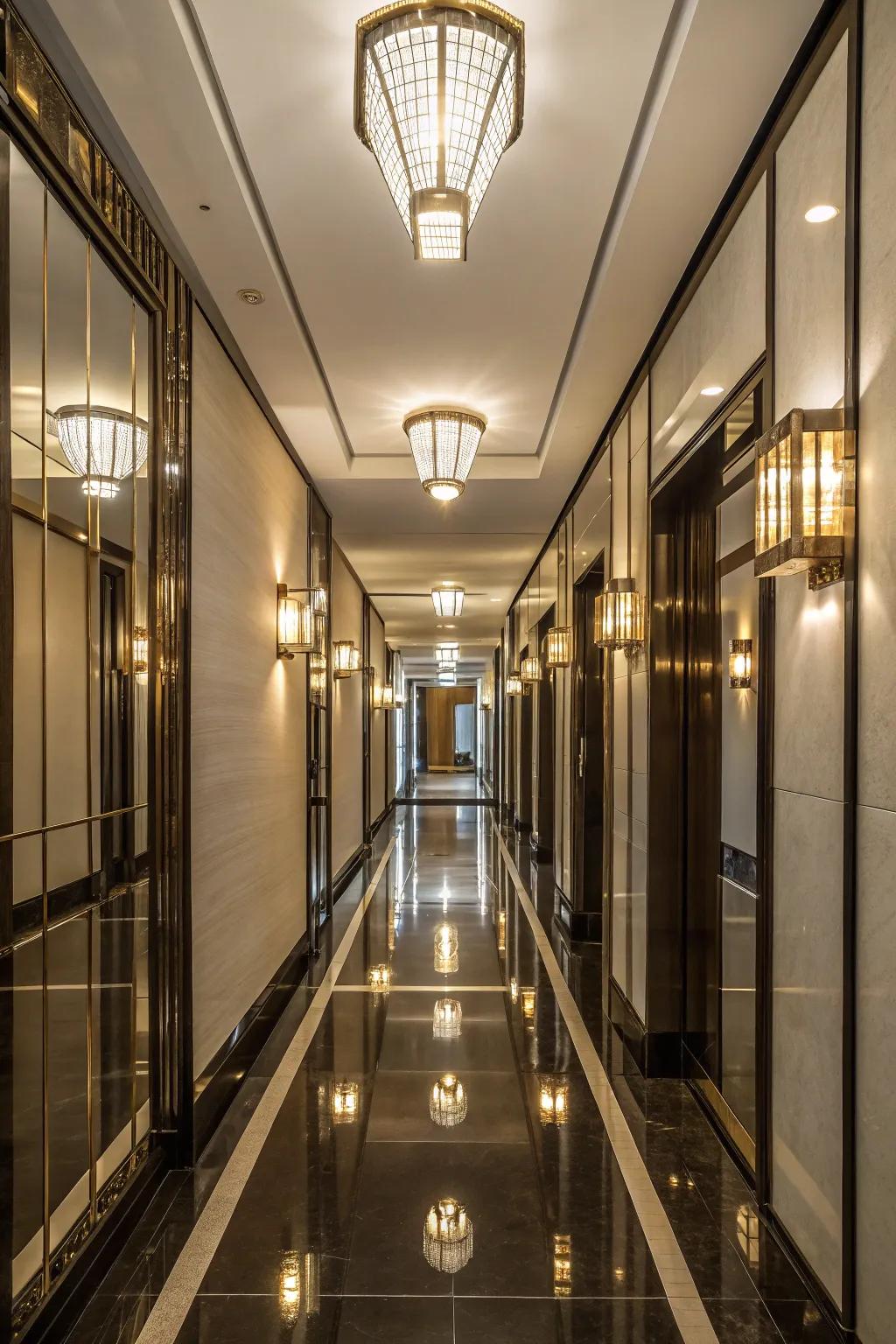 Mirrored brightness fixtures incorporating glamour and enhancing space inside a hallway.