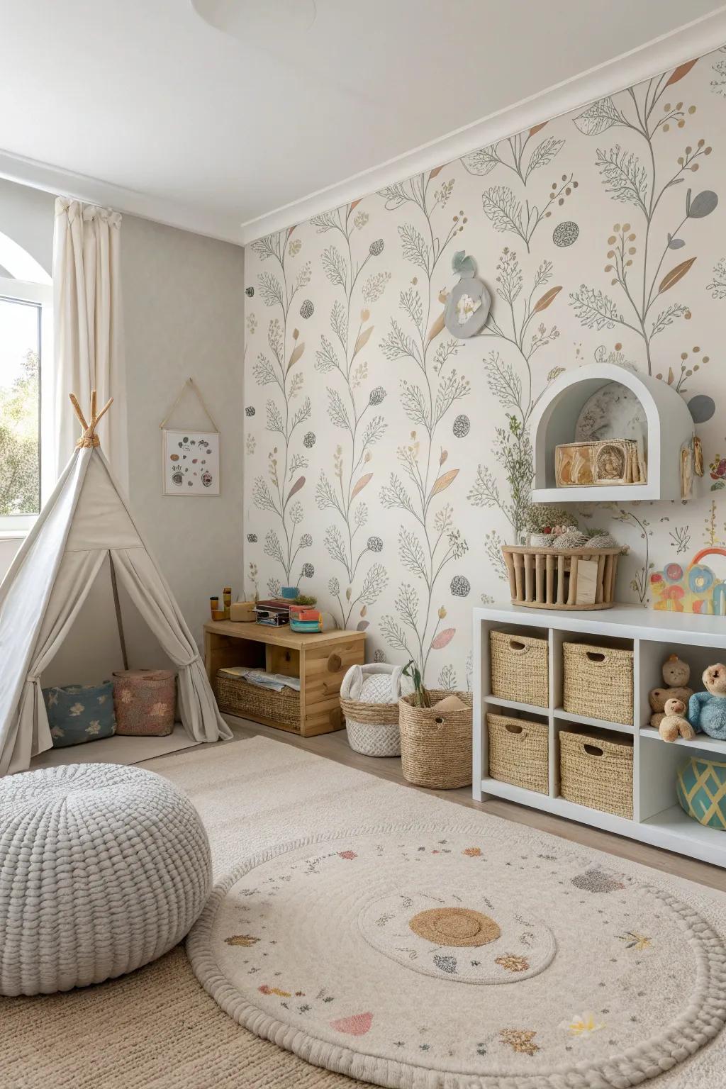 A playroom displays eco-friendly wallpaper, combining safety with style.