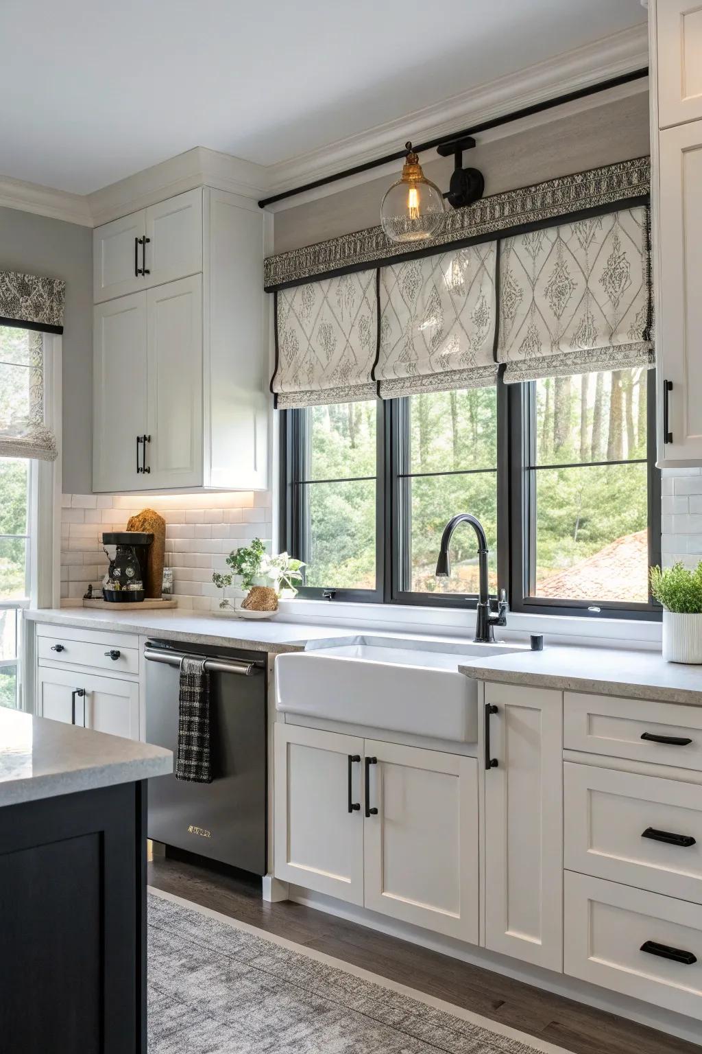 Black chalk hardware offers a modern, cohesive kitchen style.