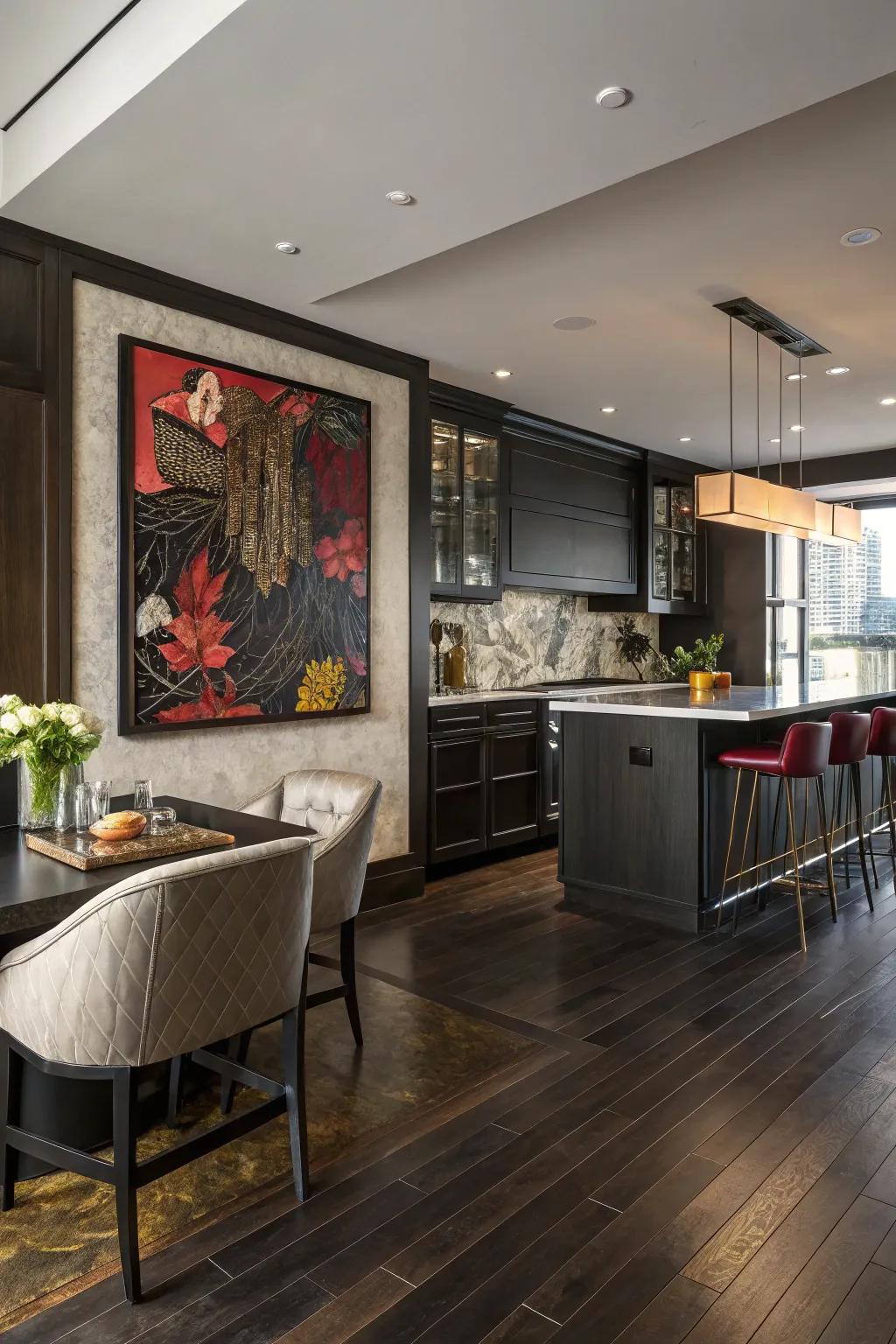 Striking art adds an unexpected central feature to this kitchen fitted with deep floors.