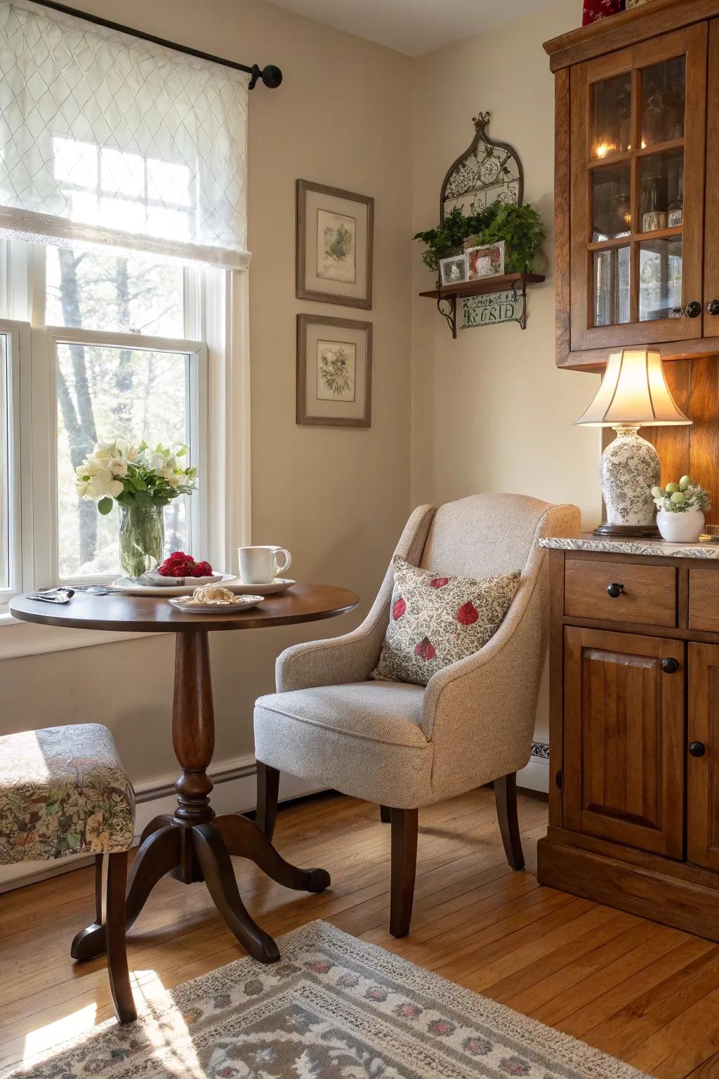 A coffee nook introduces a charming and functional element.