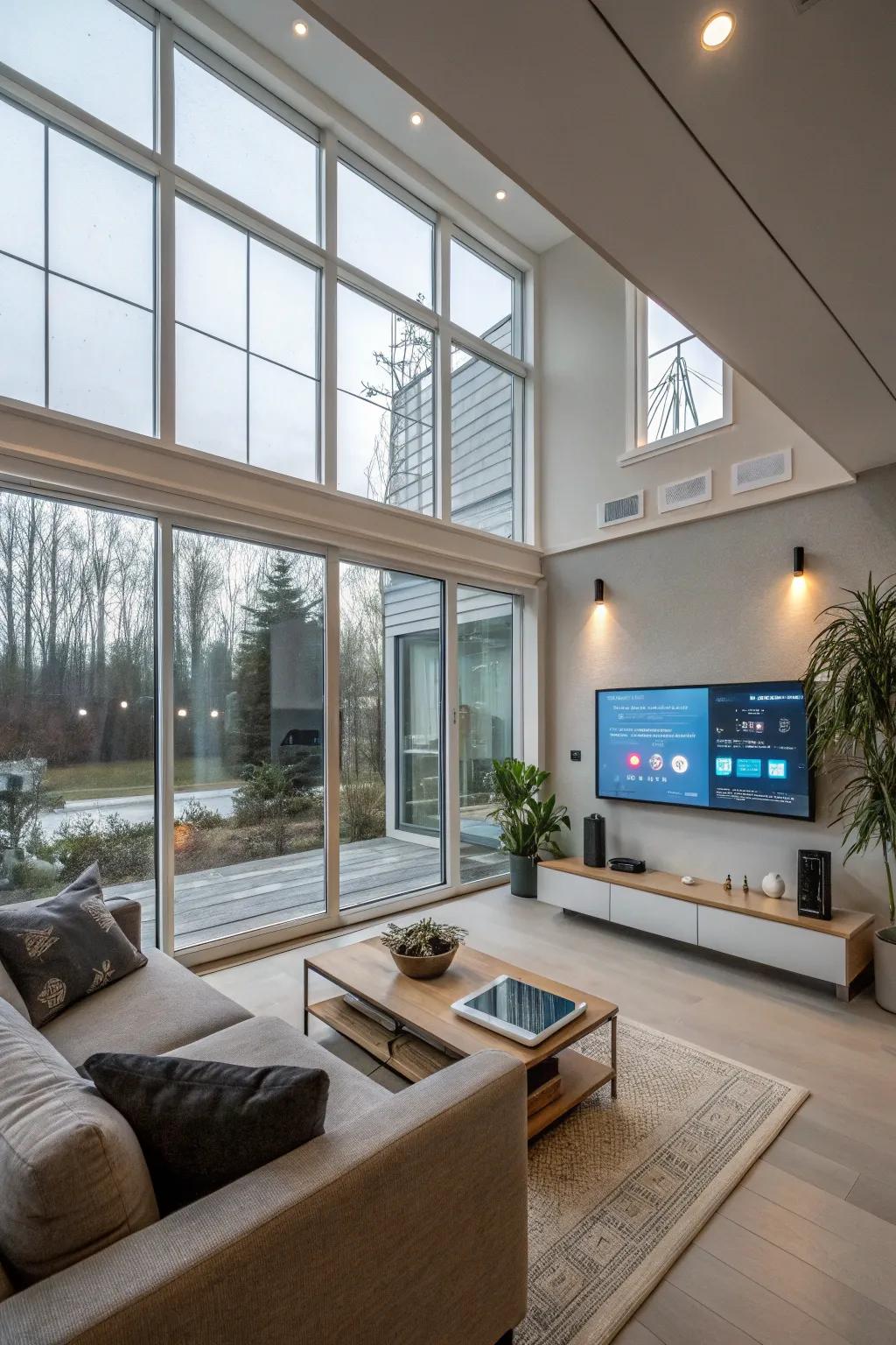 Sophisticated windows offering ease and cutting-edge tech inside the living space.