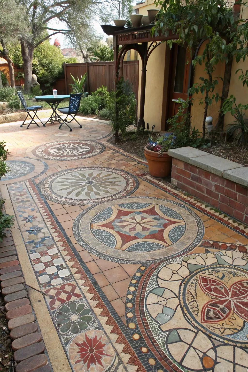 Mosaic patterns turn a patio into a work of art.