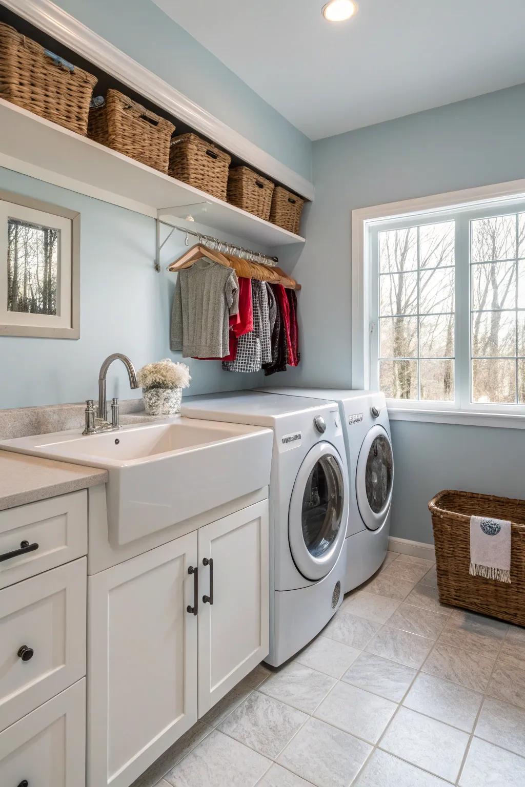 A sink area is a practical addition to any laundry room.
