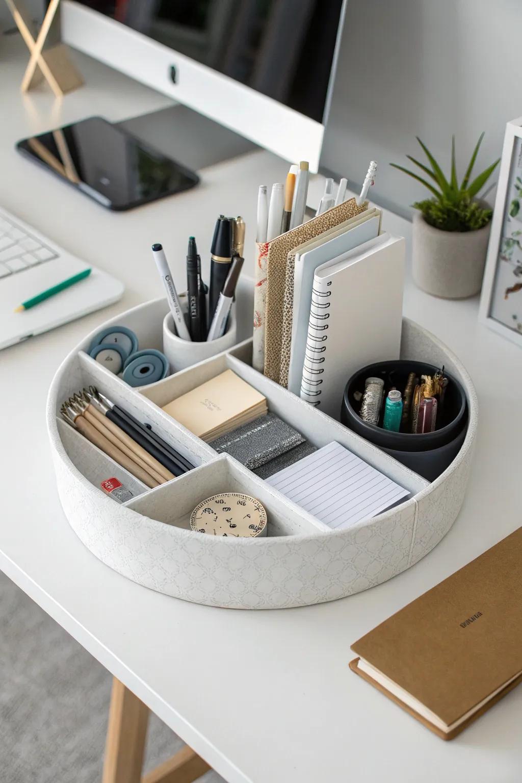 A posh and organized workstation featuring a lazy Susan.