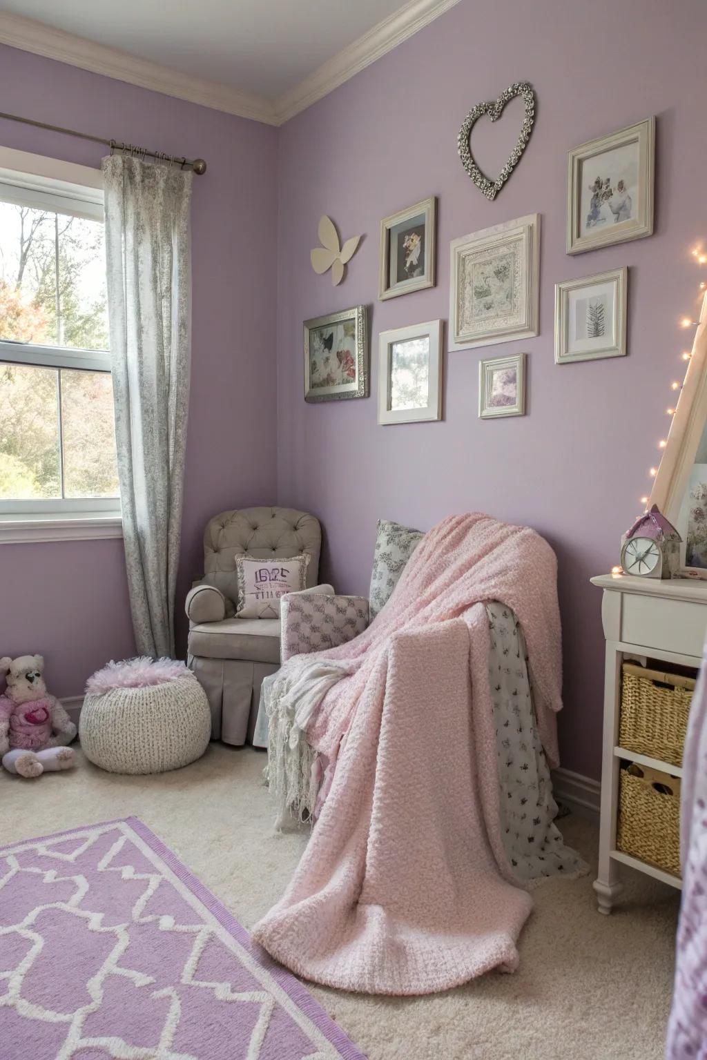 Lavender walls forging a dreamy and tranquil expanse.