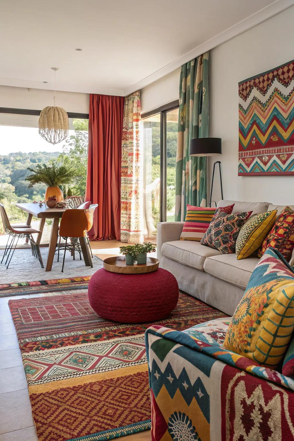 Striking patterns contribute energy and vibrancy to a combined space.