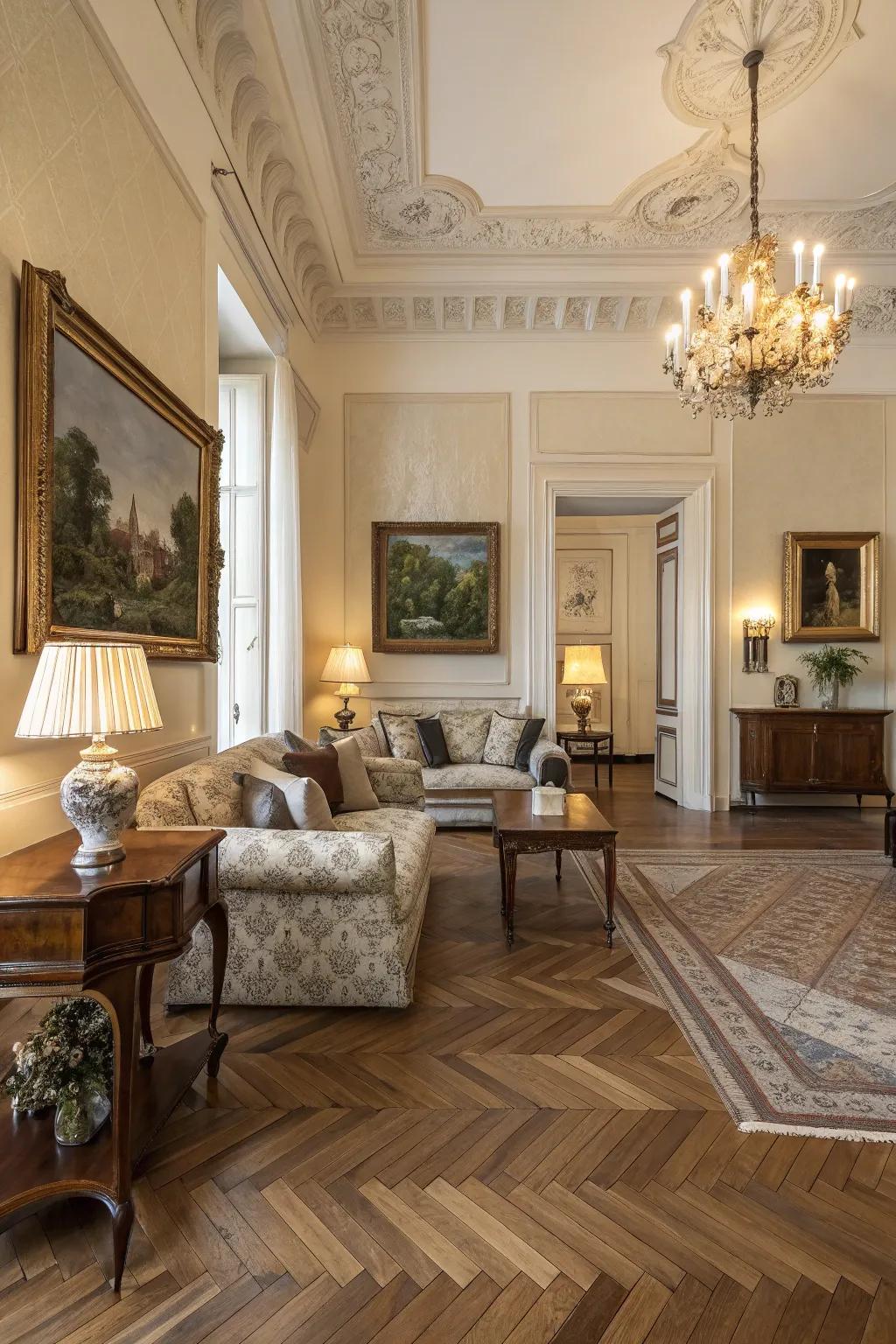 Herringbone designs provide ageless elegance and visual intrigue.