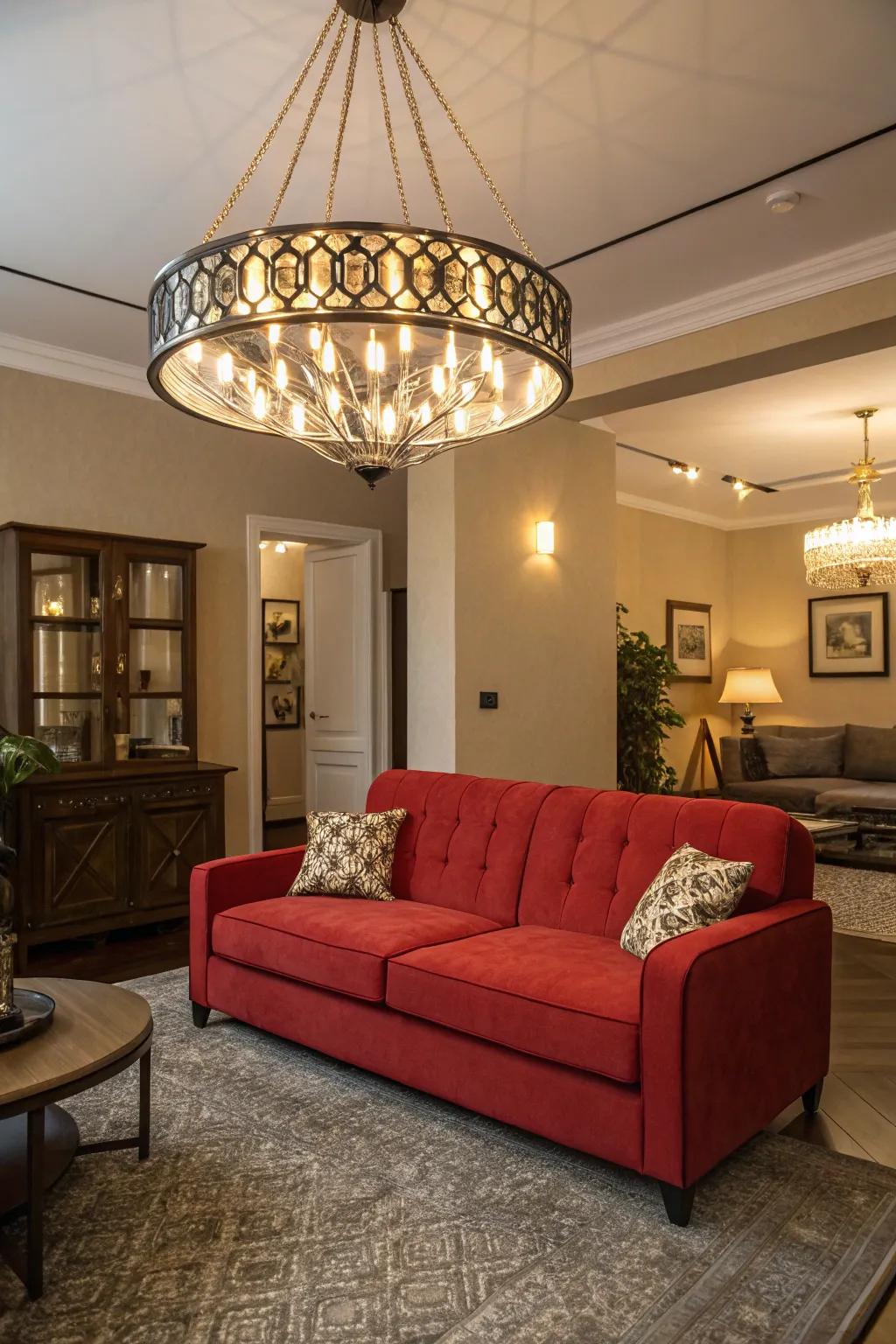 Statement lighting highlights your crimson sofa, anchoring it as the room's focal point.