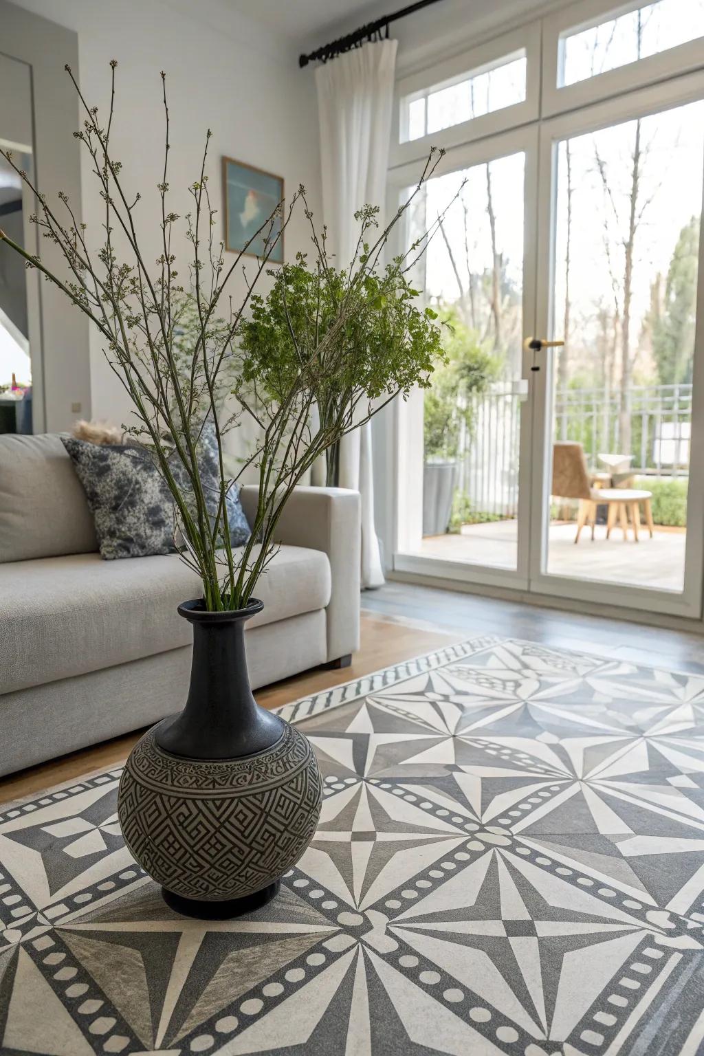 Geometric designs featured on a vase usher a modern, artisanal elegance to living room aesthetic.