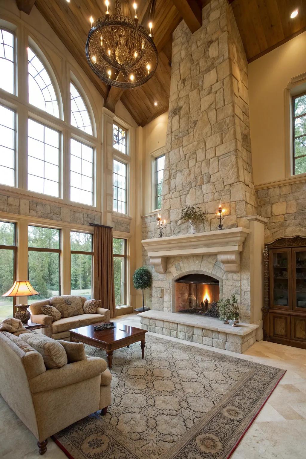 A floor-to-ceiling stone fireplace makes a bold and classy statement.