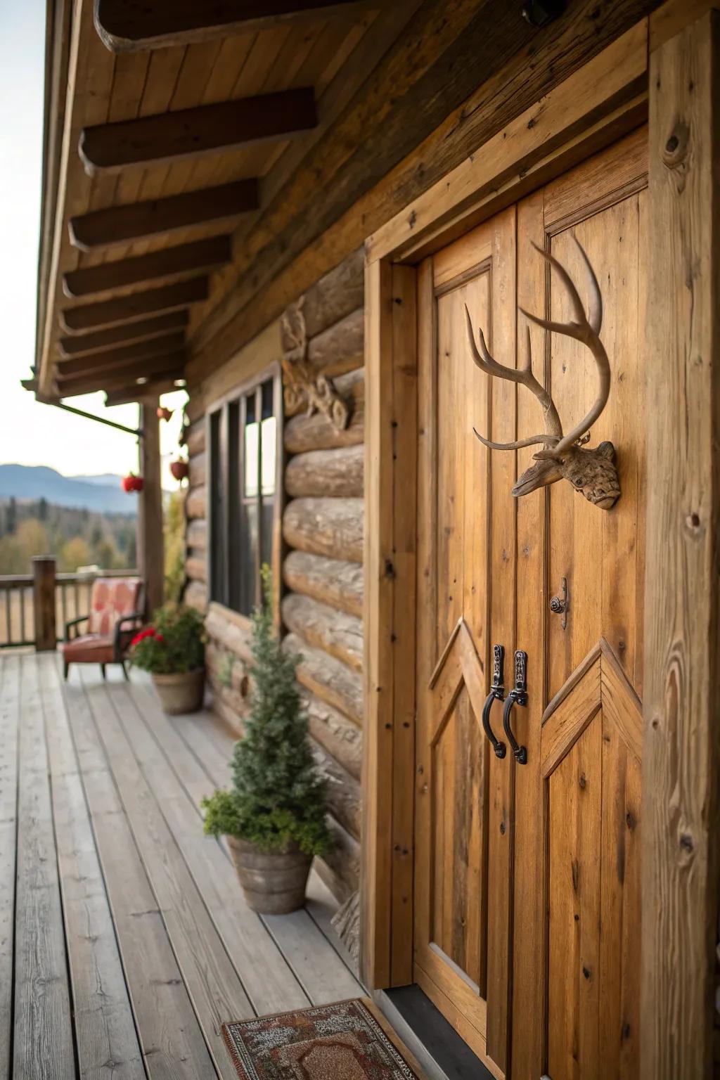 A log cabin door featuring unique horn levers.