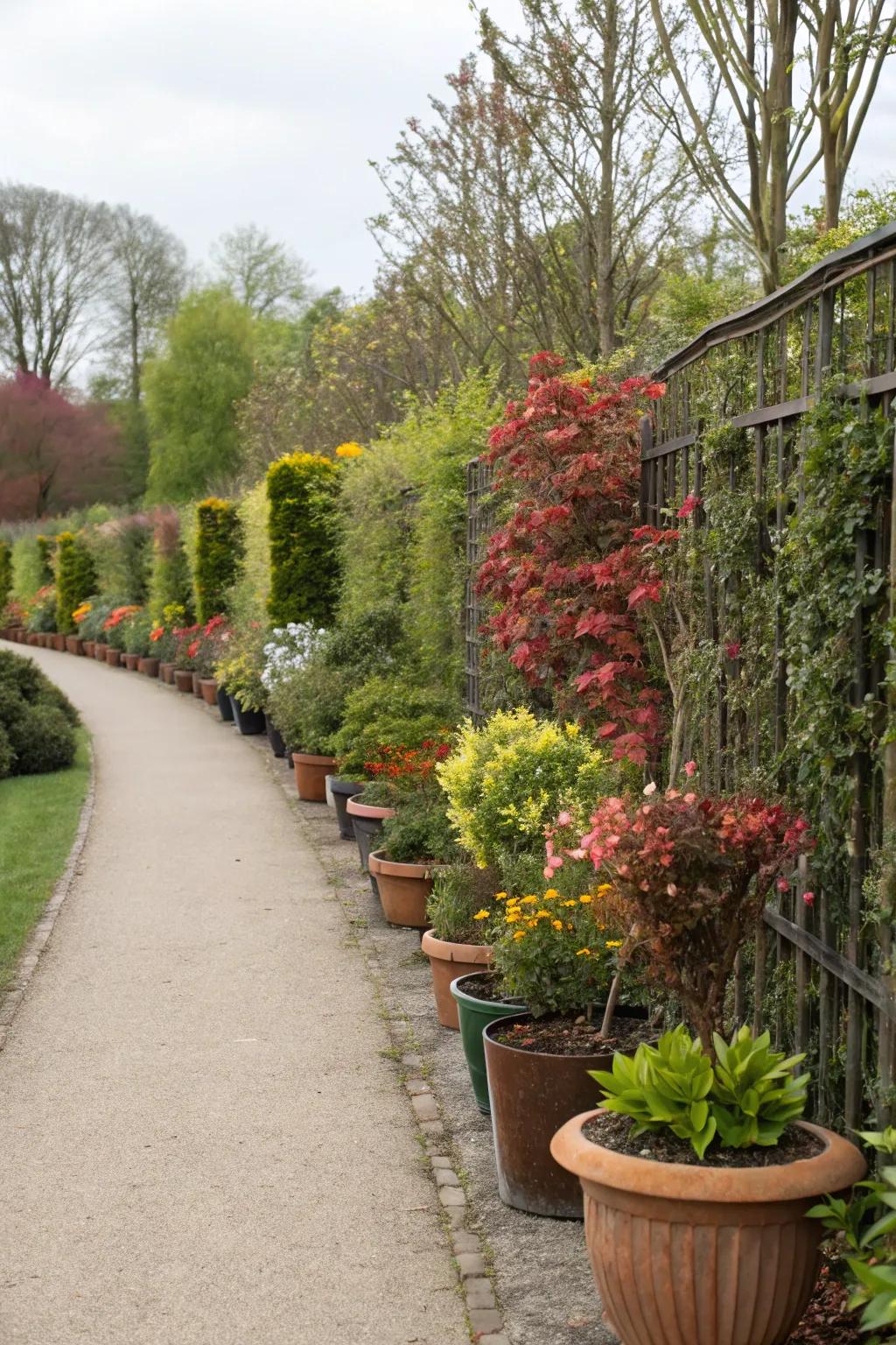 Design an adaptable and beautiful fence with potted flora.