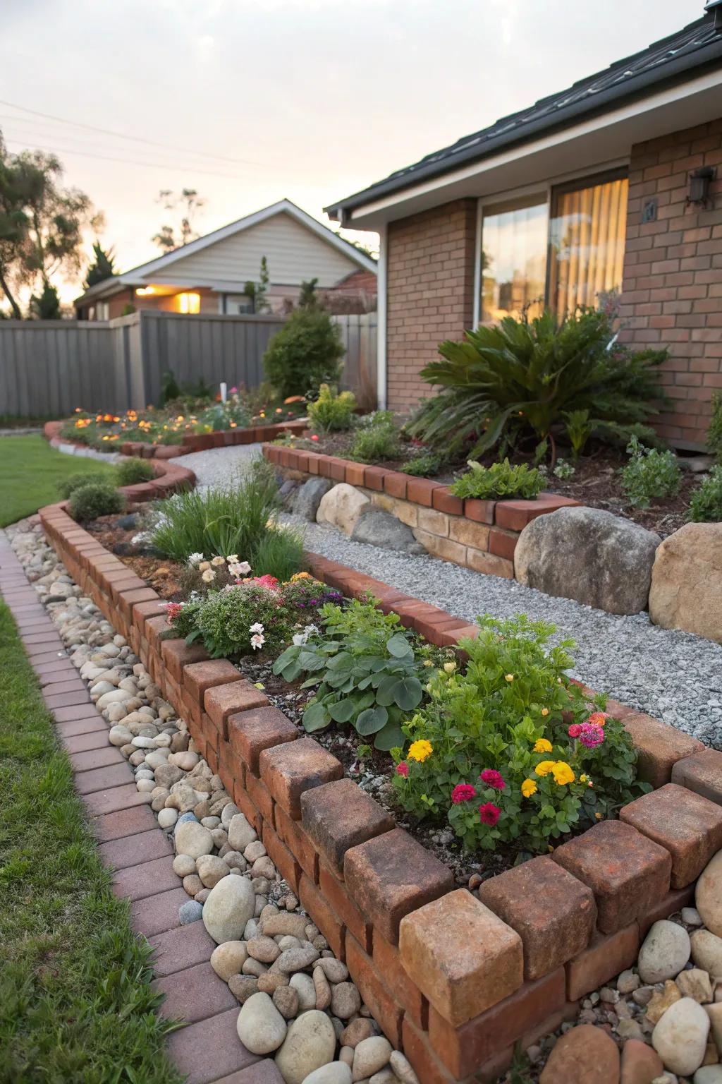 The integration of recycled materials adding distinctiveness to a garden setting.