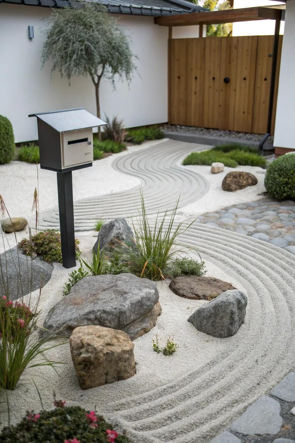 A minimalist zen garden imparts tranquility and simplicity to your mailbox.