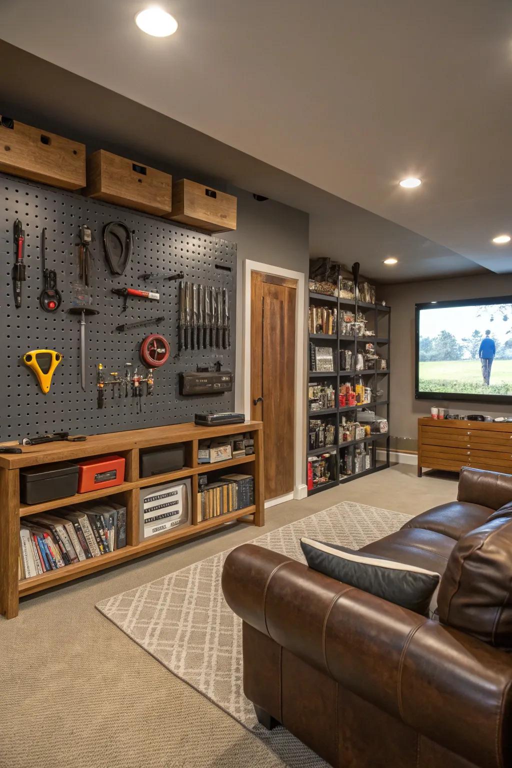 A tool board wall blends functionality with style.