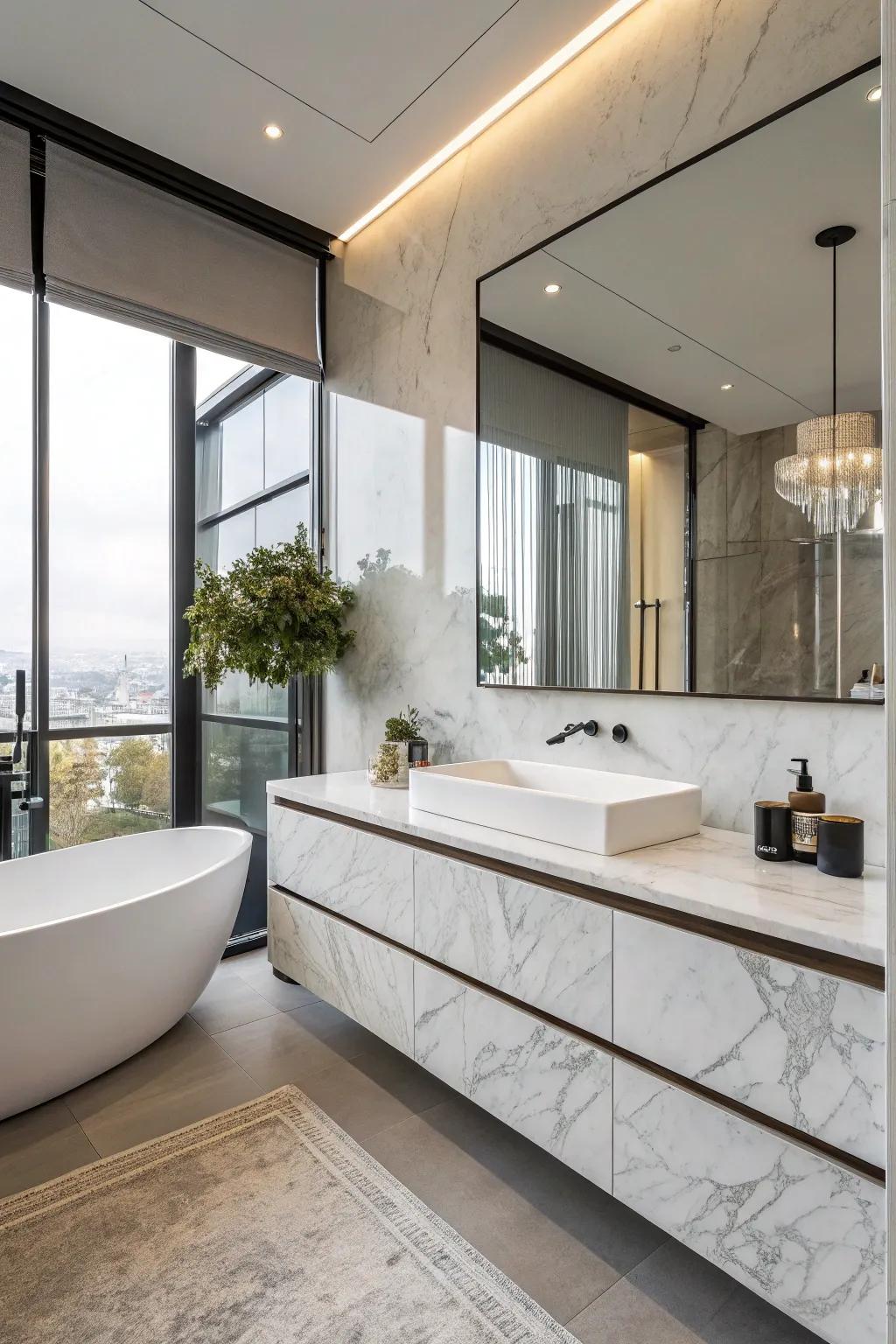 A floating marble vanity showcases elegance and saves space.