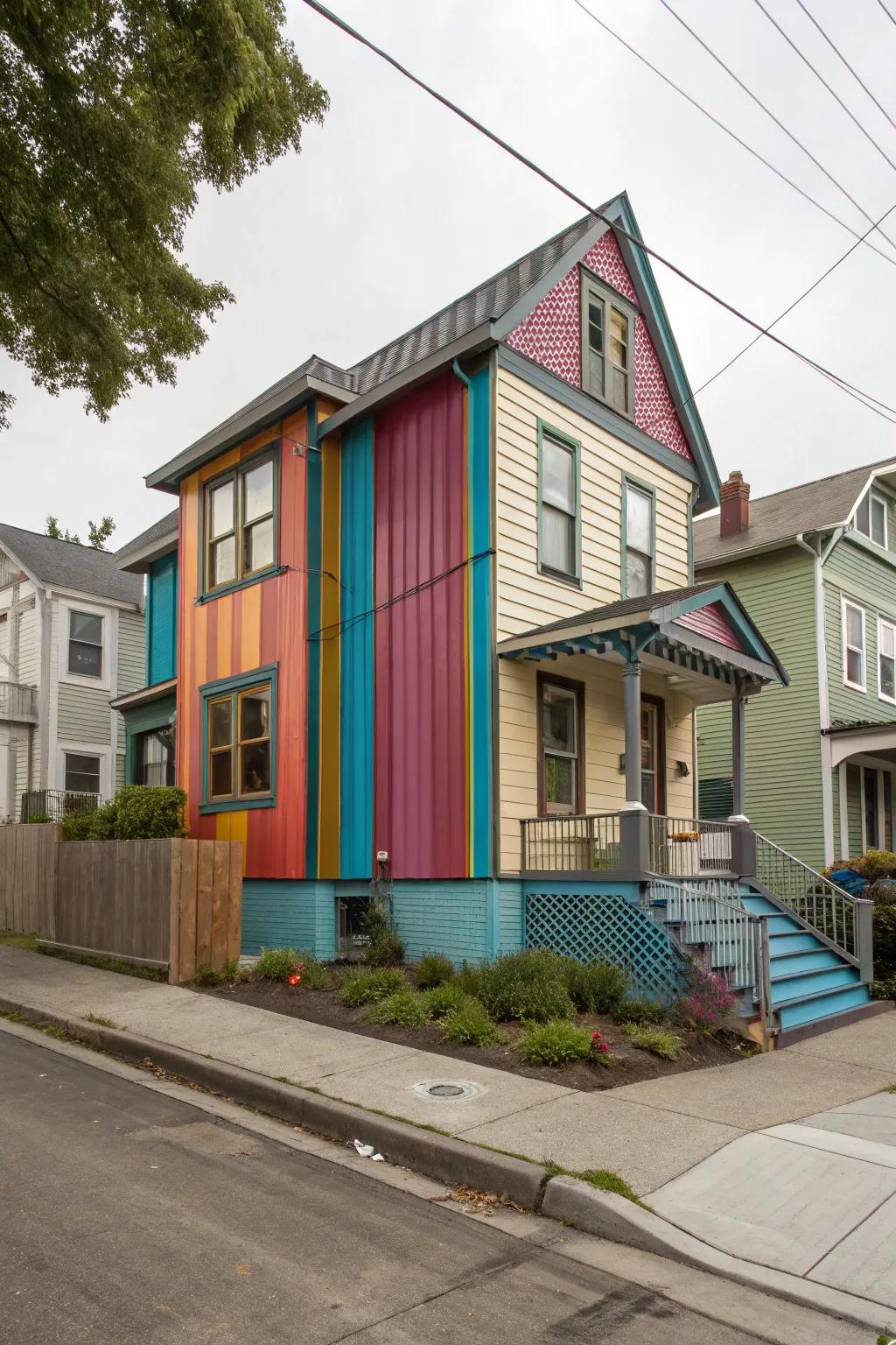 An artistic vicinity dwelling featuring vibrant accentuation panels of metal cladding for a bold aesthetic.
