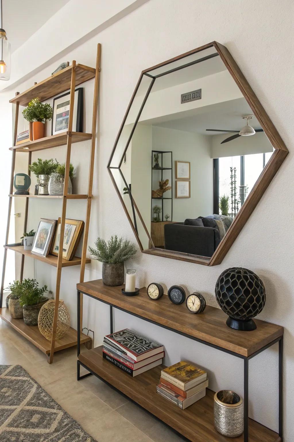 A geometric mirror exhibiting an asymmetrical shelf to achieve a modern twist.