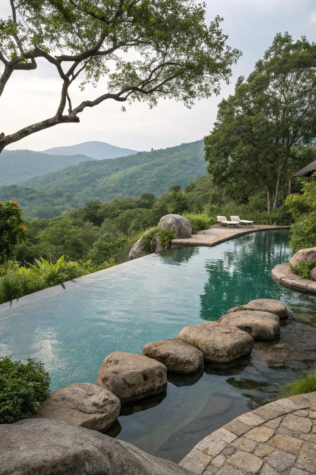 The untamed aesthetic of the pool is augmented through the deployment of stone formations.