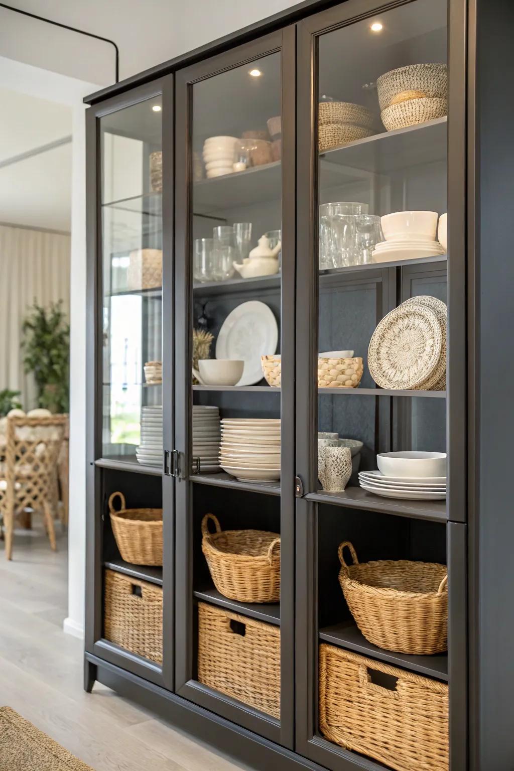 Containers add texture and storage to a display cabinet.