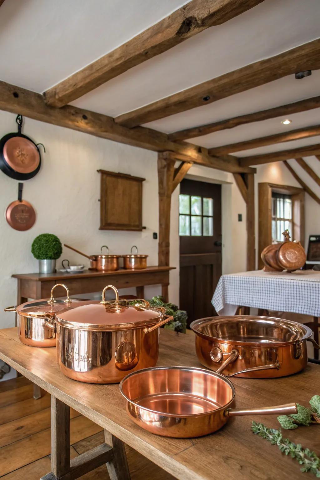 Copper cookware contributes warmth and functionality to the decor.