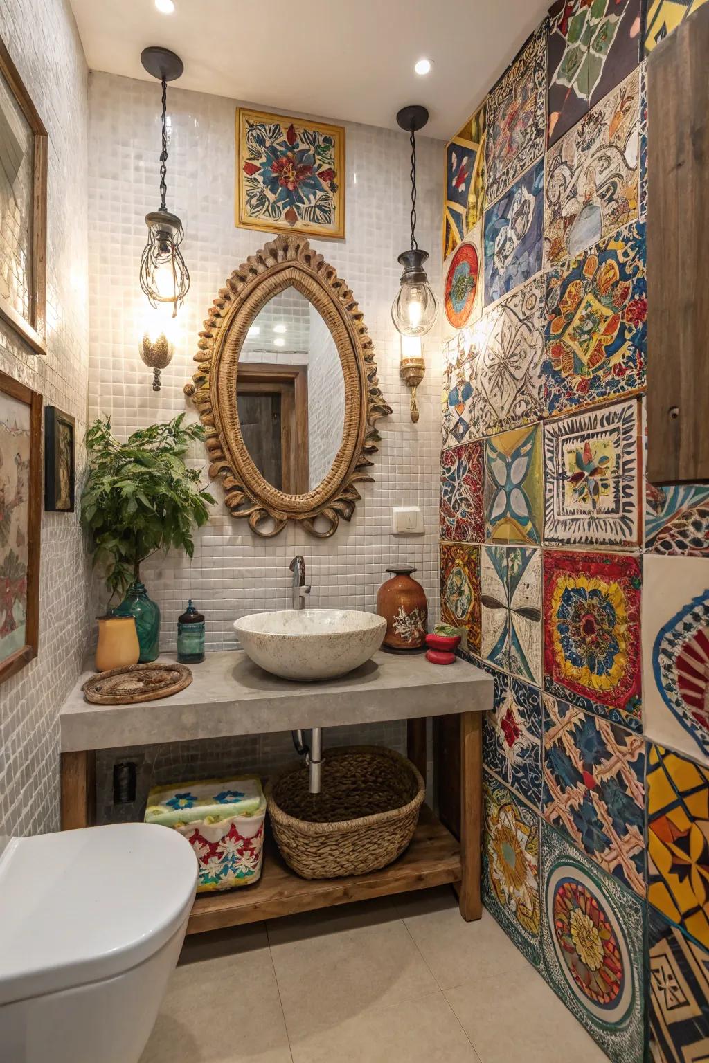 A bathroom displaying a balanced mix of cultural mosaic designs.