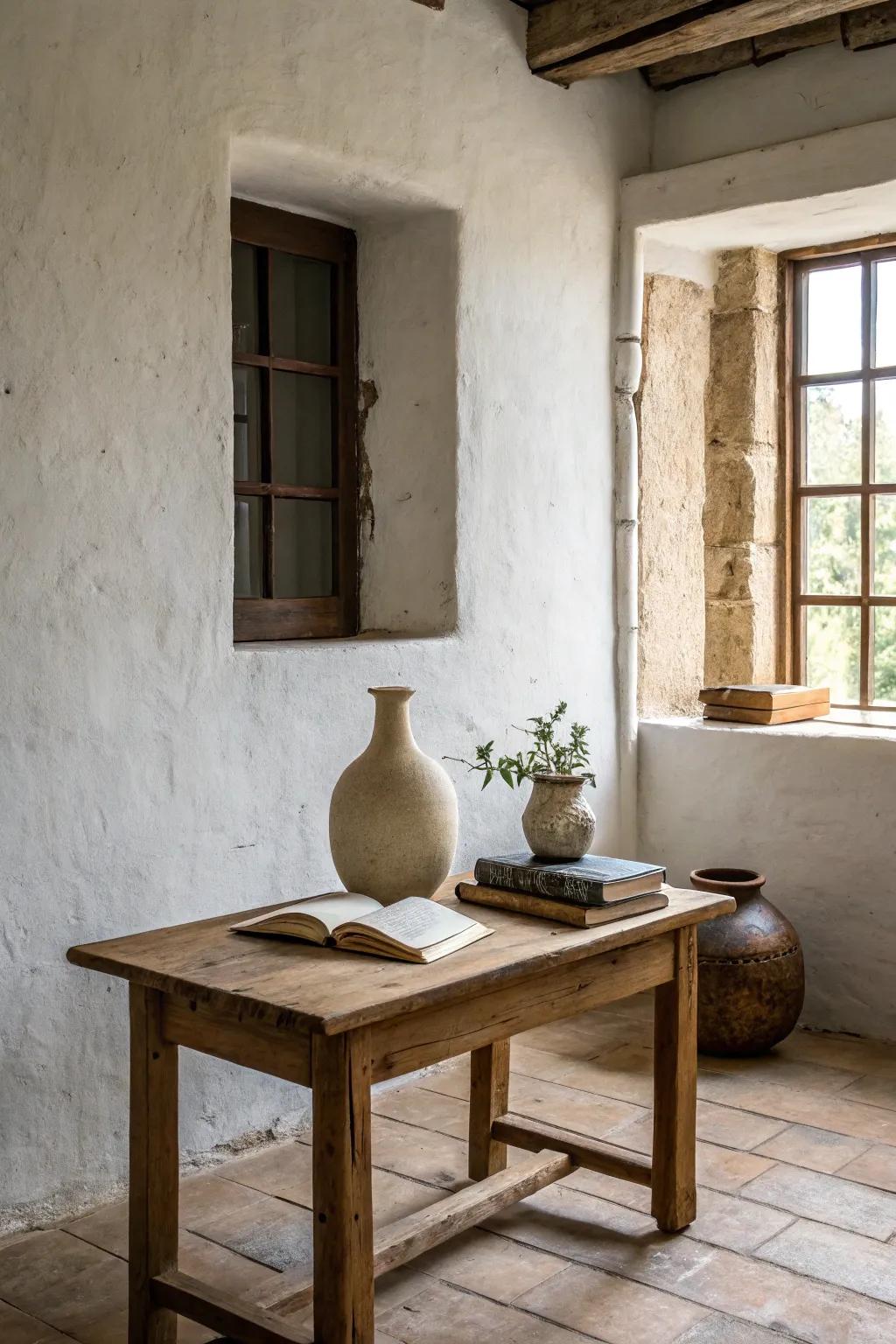 A serene minimalist room featuring high-quality countryside touches.