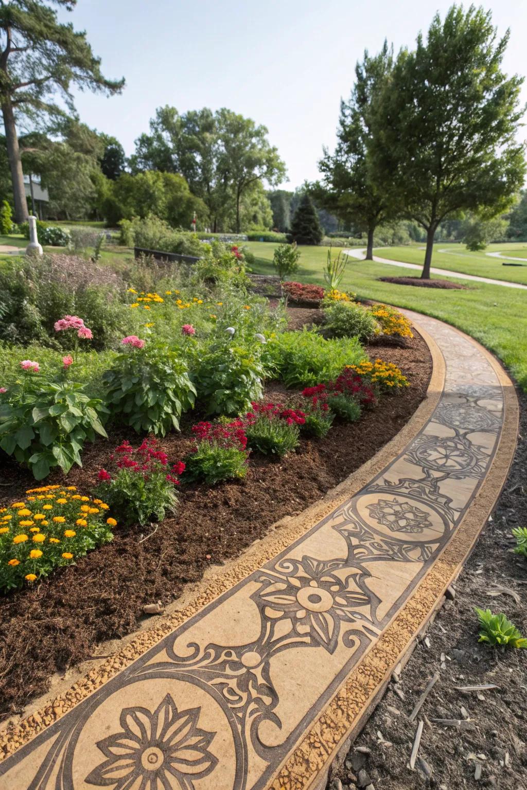 Imaginative mulch patterns devise unique garden designs.