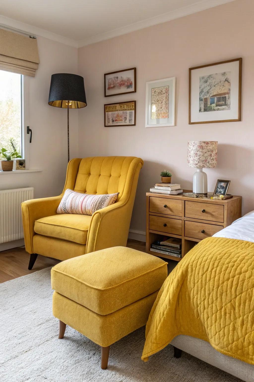 A bedroom exhibiting furniture upholstered using wheat fabric.