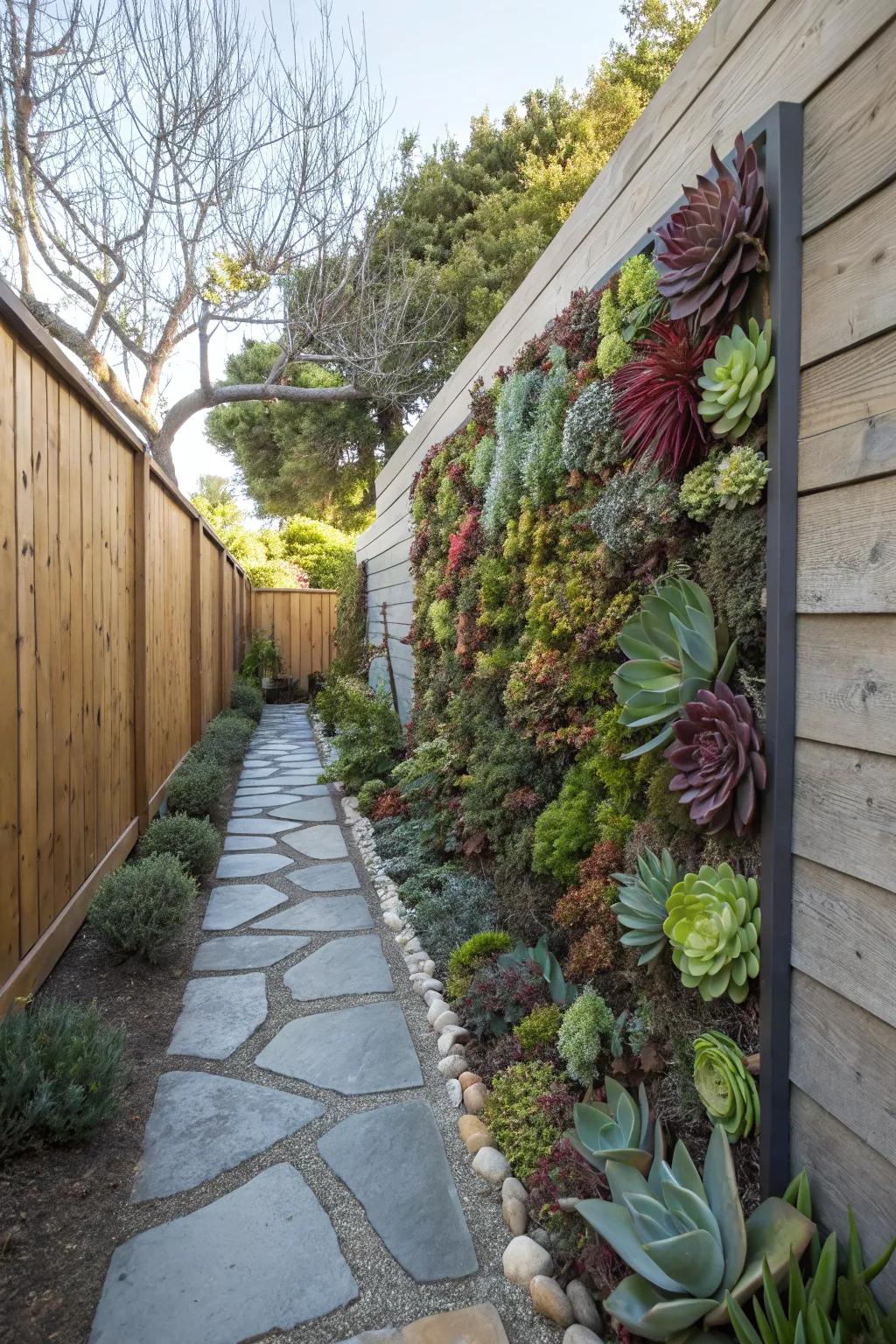 A succulent wall offers a stunning and low-maintenance feature in a narrow garden.