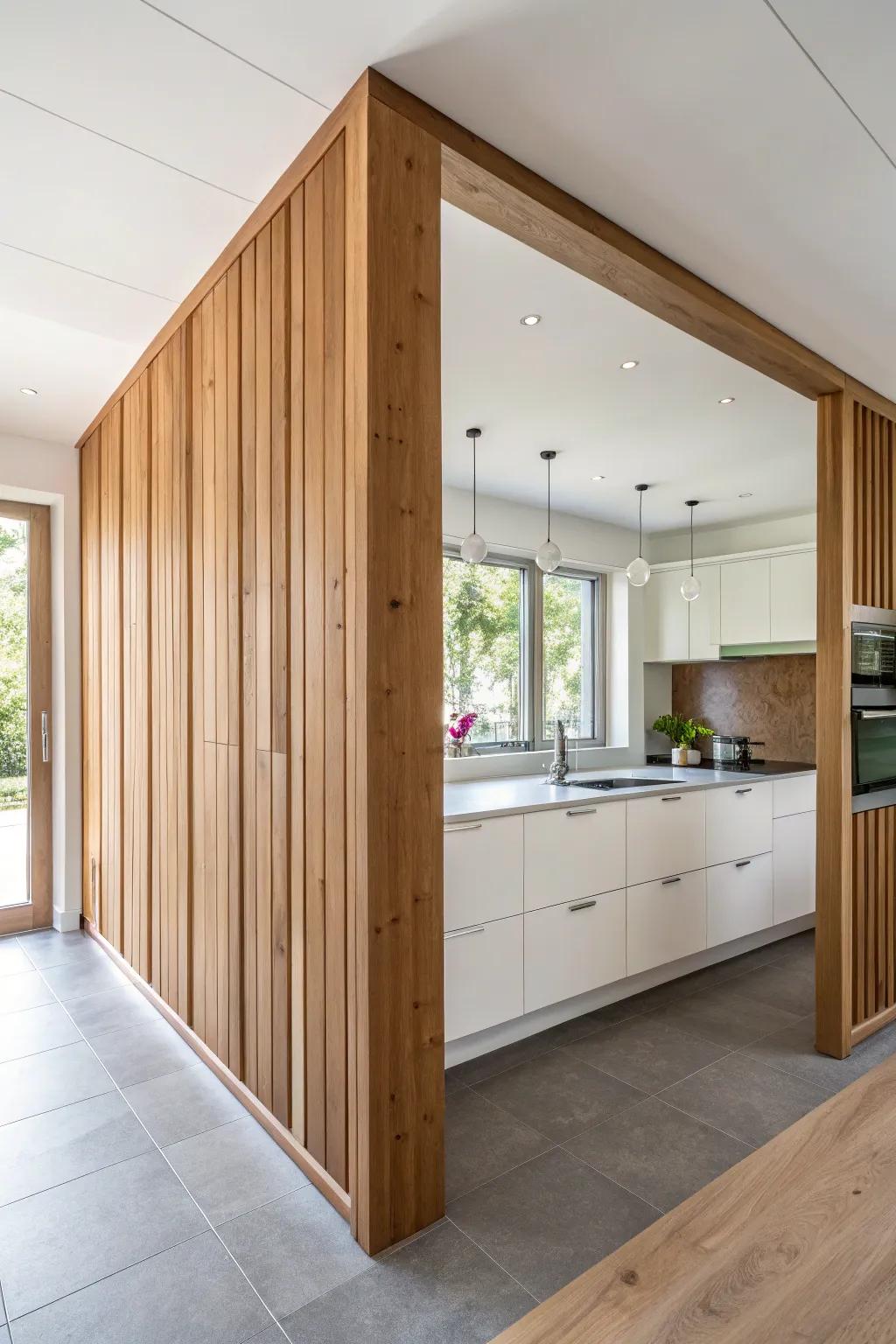 Elevated timber paneling incorporates progression and dimension to the culinary space.