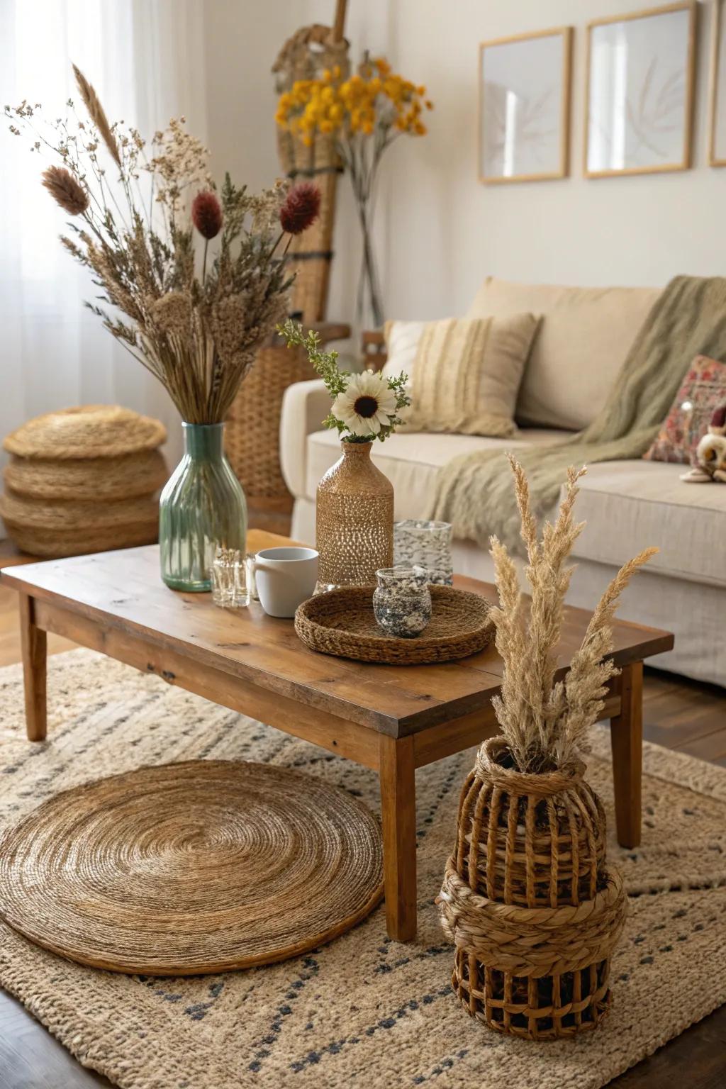 Sustainable decorations crafted from natural and reusable materials.