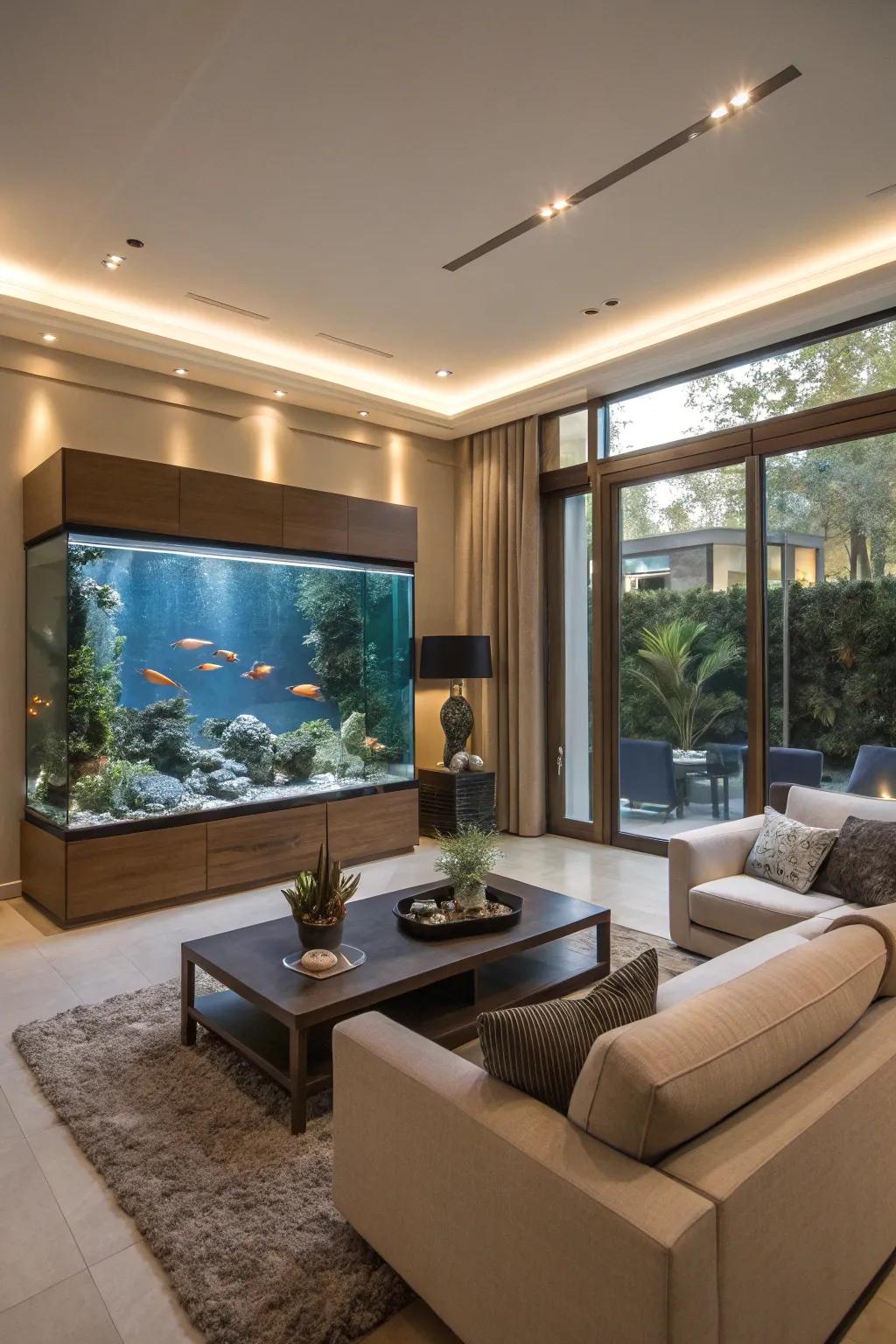 A marine display brings a dynamic and serene touch to the room.