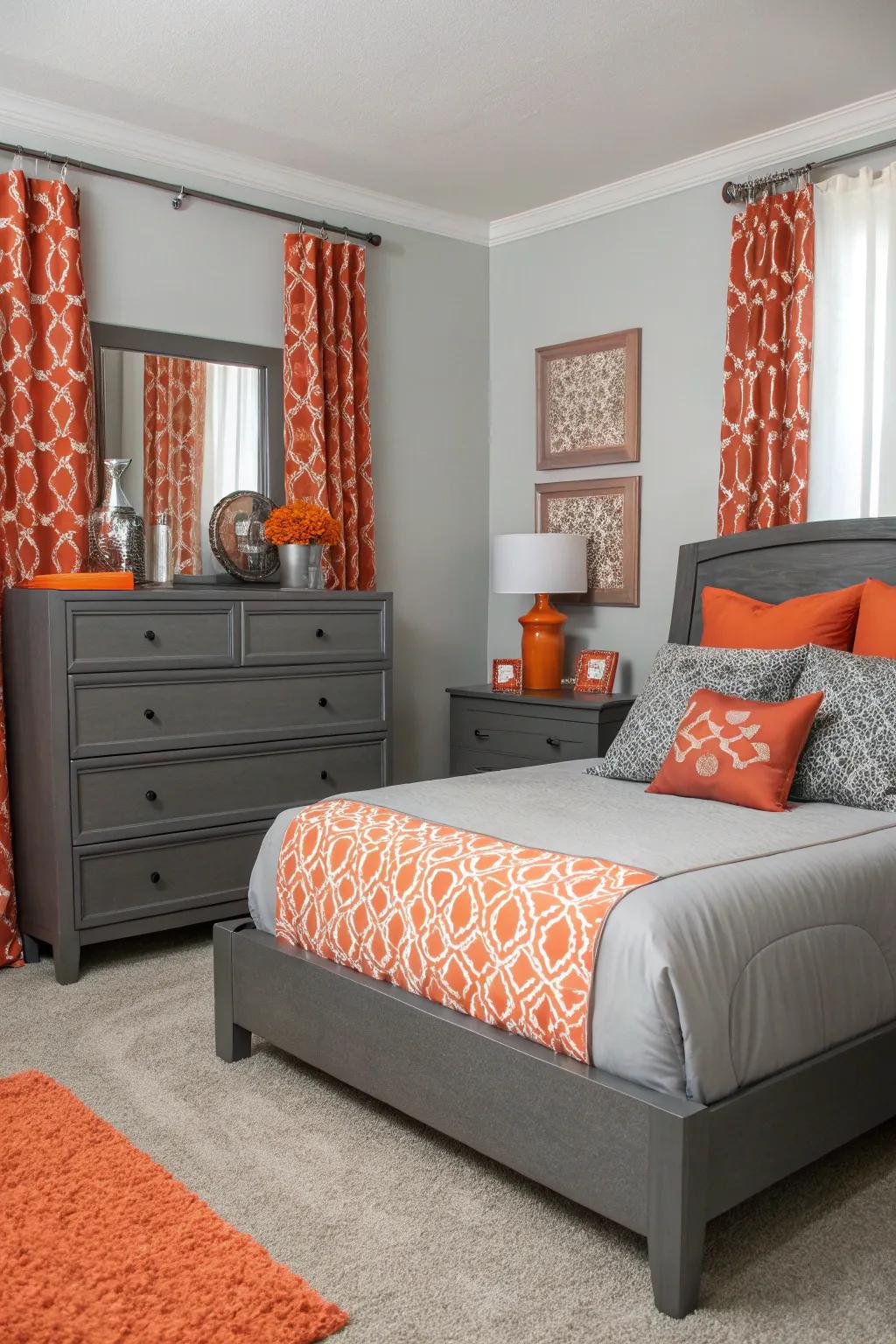 Orange and gray cultivate a sophisticated and balanced atmosphere.